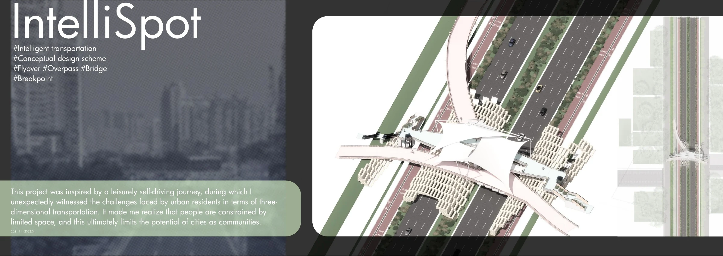 Original IntelliSpot portfolio cover with project title and an aerial rendering of the smart overpass.